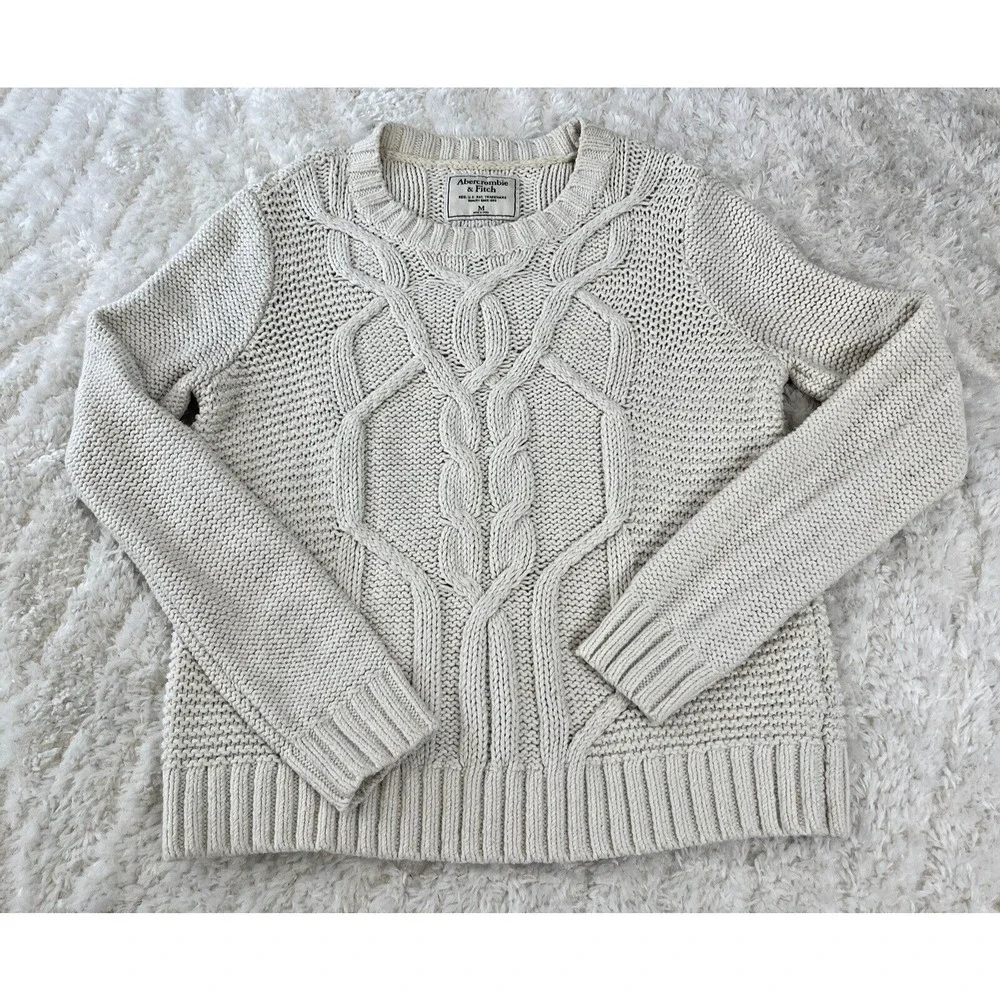 Abercrombie & Fitch Sweater Size M Cream Long Sleeve Cable Knit Chunky Crew Neck - Picture 7 of 9